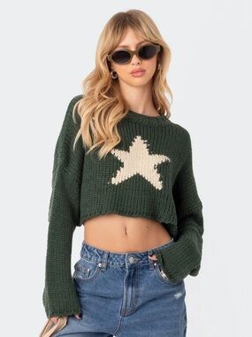 Edikted Mega Star Green Cropped Sweater Size XS/S